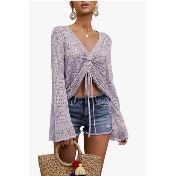 Women’s Summer Knit Crochet Bathing Suit Cover Pullover Front Ruching M Lavender - Picture 9 of 9